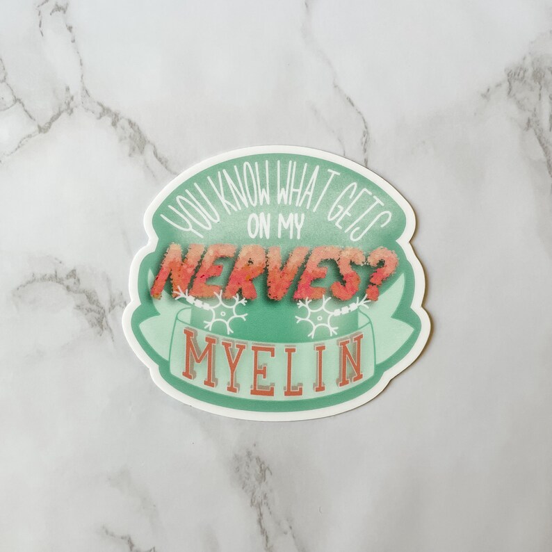 Pu&ograve; includere: Un adesivo verde e bianco con il testo "You know what gets on my nerves? Myelin" in un carattere giocoso. Il testo "Nerves" &egrave; in un gradiente rosa e arancione.