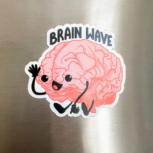 May include: A pink brain with a smiling face and arms and legs, waving. The text "Brain Wave" is above the brain.