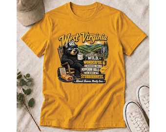 Camiseta de oso de Virginia Occidental, camiseta de rollos de pepperoni, camiseta de WV casi celestial, camiseta divertida del estado de la montaña, Country Roads Appalachian 1002