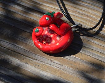 Strawberry polymer clay dragon necklace