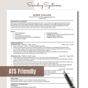 May include: A professional resume template titled Sunday Systems featuring sections for professional summary, skills, work experience, and education. The document includes placeholder text for Avery Collins and a black pen resting on the bottom right corner.