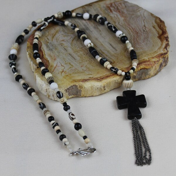 Long Black and White Cross Tassel Hobo Chic Necklace