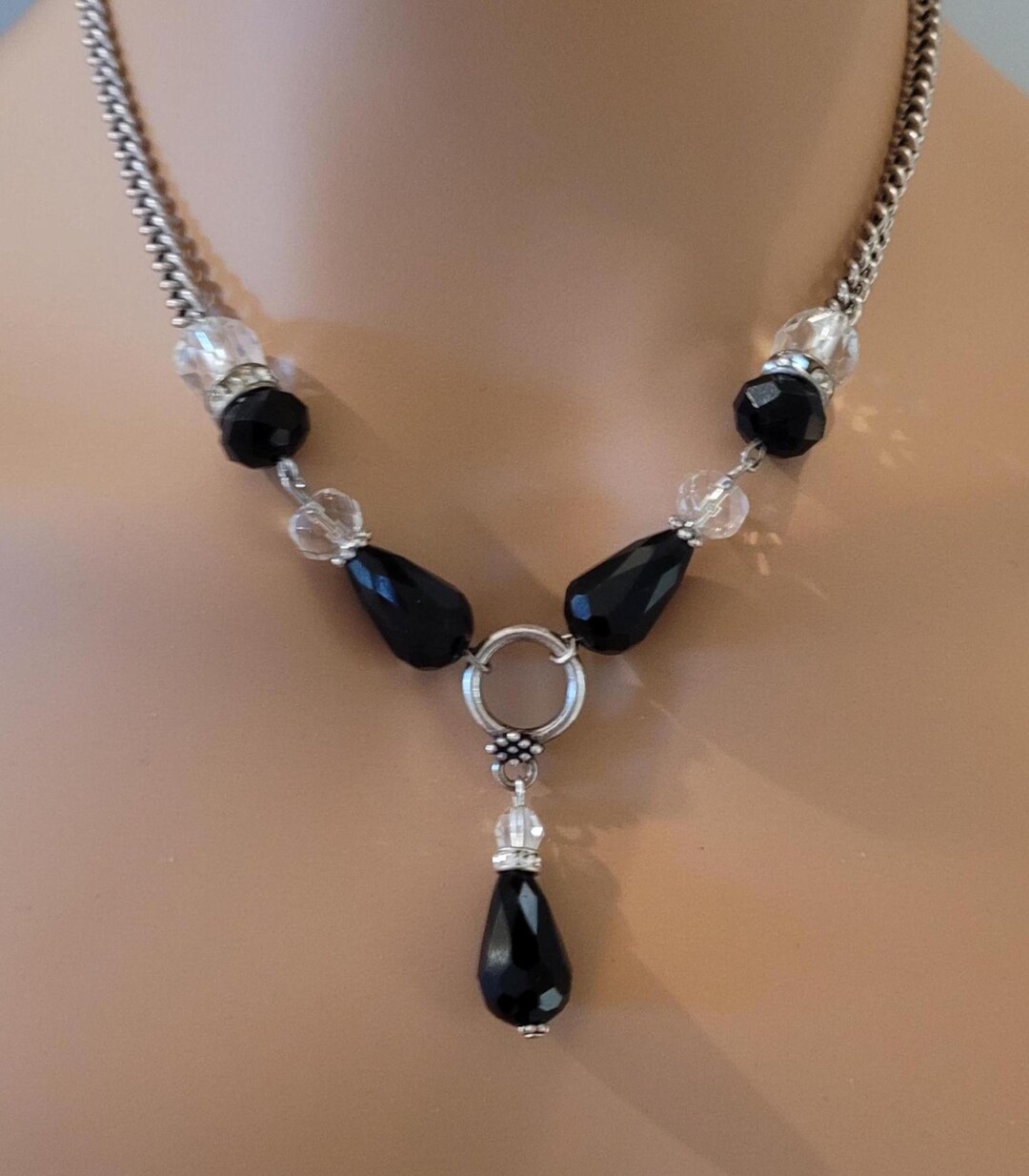 Black Jet, Rhinestone and Crystal Stacking Holiday Necklace - Etsy
