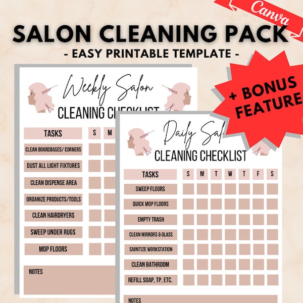 Hair Salon Cleaning Checklist, Daily + Weekly Checklist | + BONUS FEATURE: Tips and Tricks for Maintaining a Clean Salon | Printable PDF