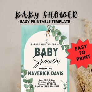 May include: A printable baby shower invitation template featuring a cartoon monkey hanging from a leafy branch. The invitation is decorated with a watercolor background in shades of blue and green. The text reads "Baby Shower" and "Honoring Maverick Davis".