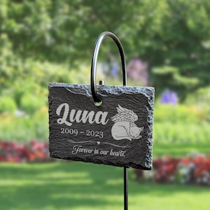 Custom Tall Hanging Cat Memorial Plaque | Slate Sign and Stainless Steel Stake Marker