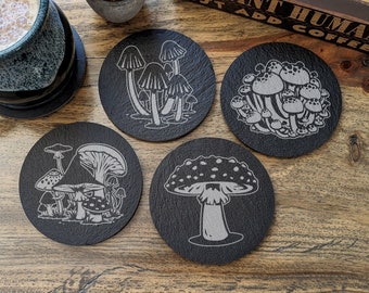 Mushrooms | Engraved Slate Coasters | Single or Set of 4