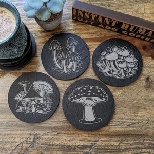 Mushrooms | Engraved Slate Coasters | Single or Set of 4