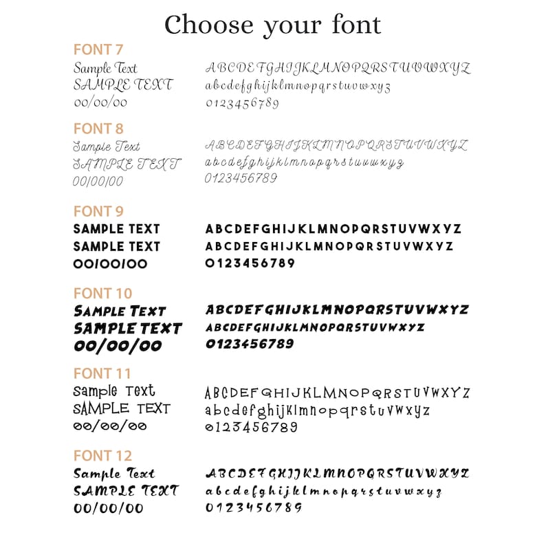 May include: A graphic showing different font styles with the text "Sample Text" and "SAMPLE TEXT" in each font. The font styles are labeled with numbers 7 through 12. The graphic also includes the alphabet in uppercase and lowercase, and the numbers 0 through 9 in each font.