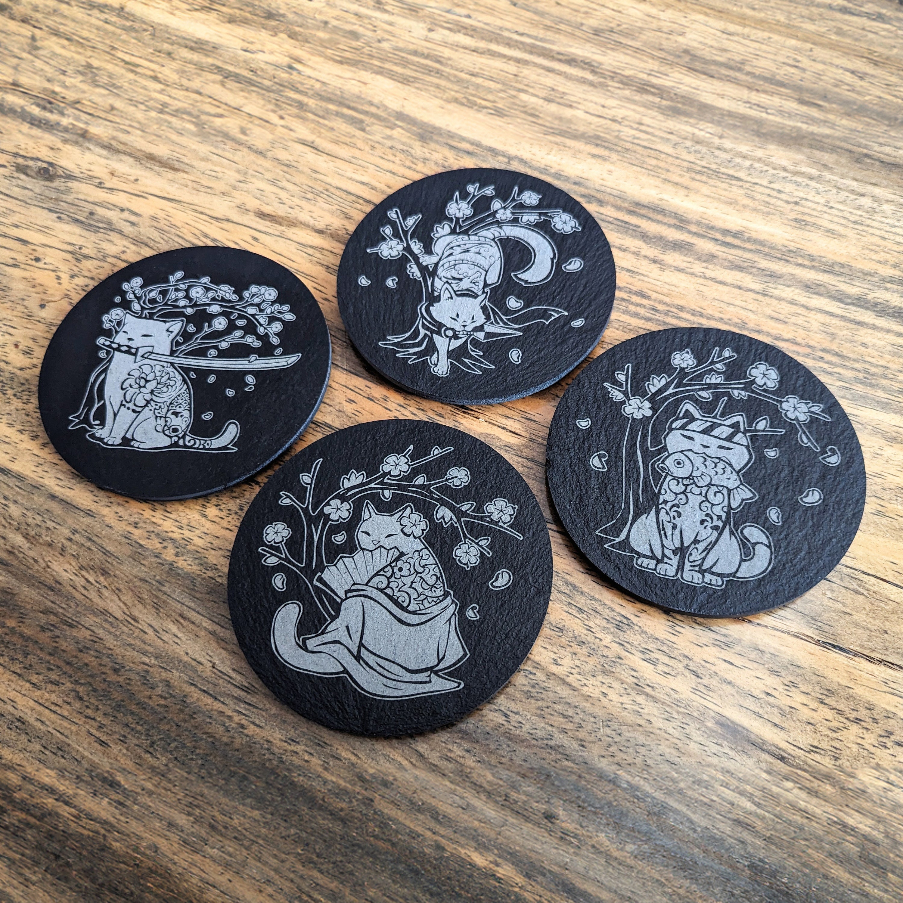 Japanese Cats | Engraved Slate Coasters | Single or Set of 4