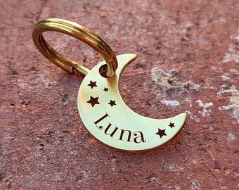 Moon Shaped Cat ID Tag | 18G Brass and Nickel Silver Pet Tag