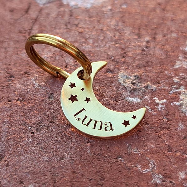 Moon Shaped Cat ID Tag | 18G Brass and Nickel Silver Pet Tag