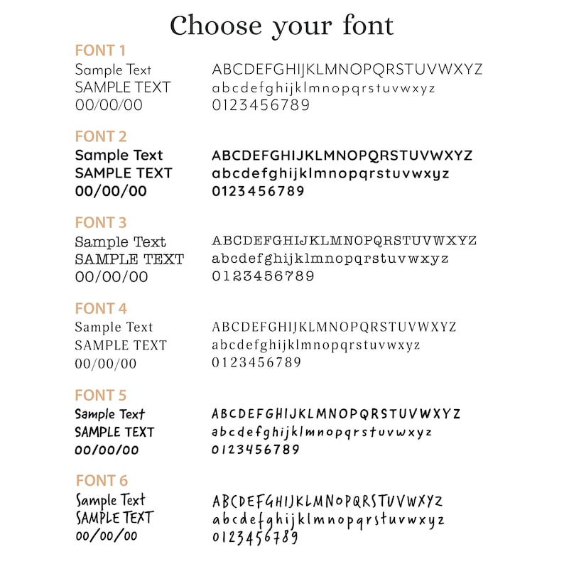 May include: A graphic showing six different font styles with the text "Sample Text", "SAMPLE TEXT", and "00/00/00" in each style. The font styles include uppercase and lowercase letters, numbers, and punctuation.