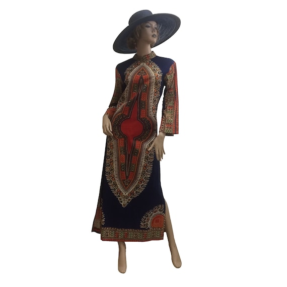 60’s Long-Sleeve Cotton Psychedelic Print Dress