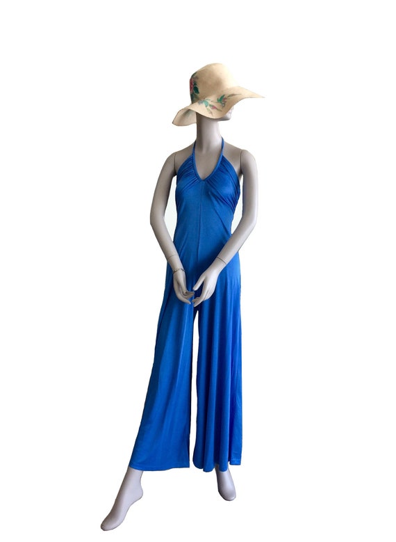 70’s Blue Polyester Halter Jumpsuit
