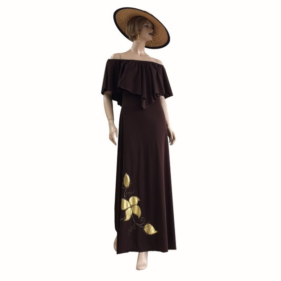 70’s Strapless Brown Polyester Dress with Gold Em… - image 1