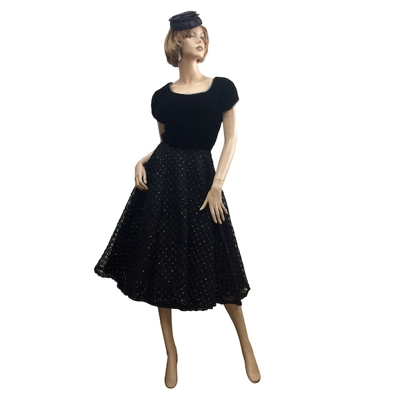 50’s Short-Sleeve Mesh & Velvet Dress