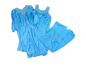 Vintage Shadowline Blue 4 pc Nylon Lace Peignoir Pajama Nightgown Set Size S - M