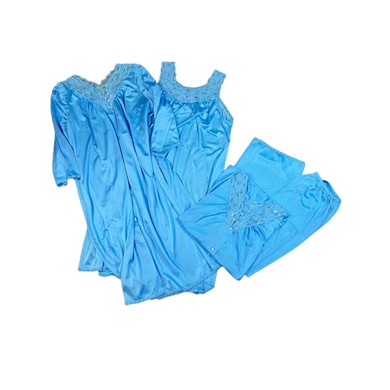 Vintage Shadowline Blue 4 pc Nylon Lace Peignoir … - image 1