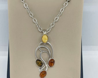 Sterling Silver Amber Pendant with Sterling Cable Chain