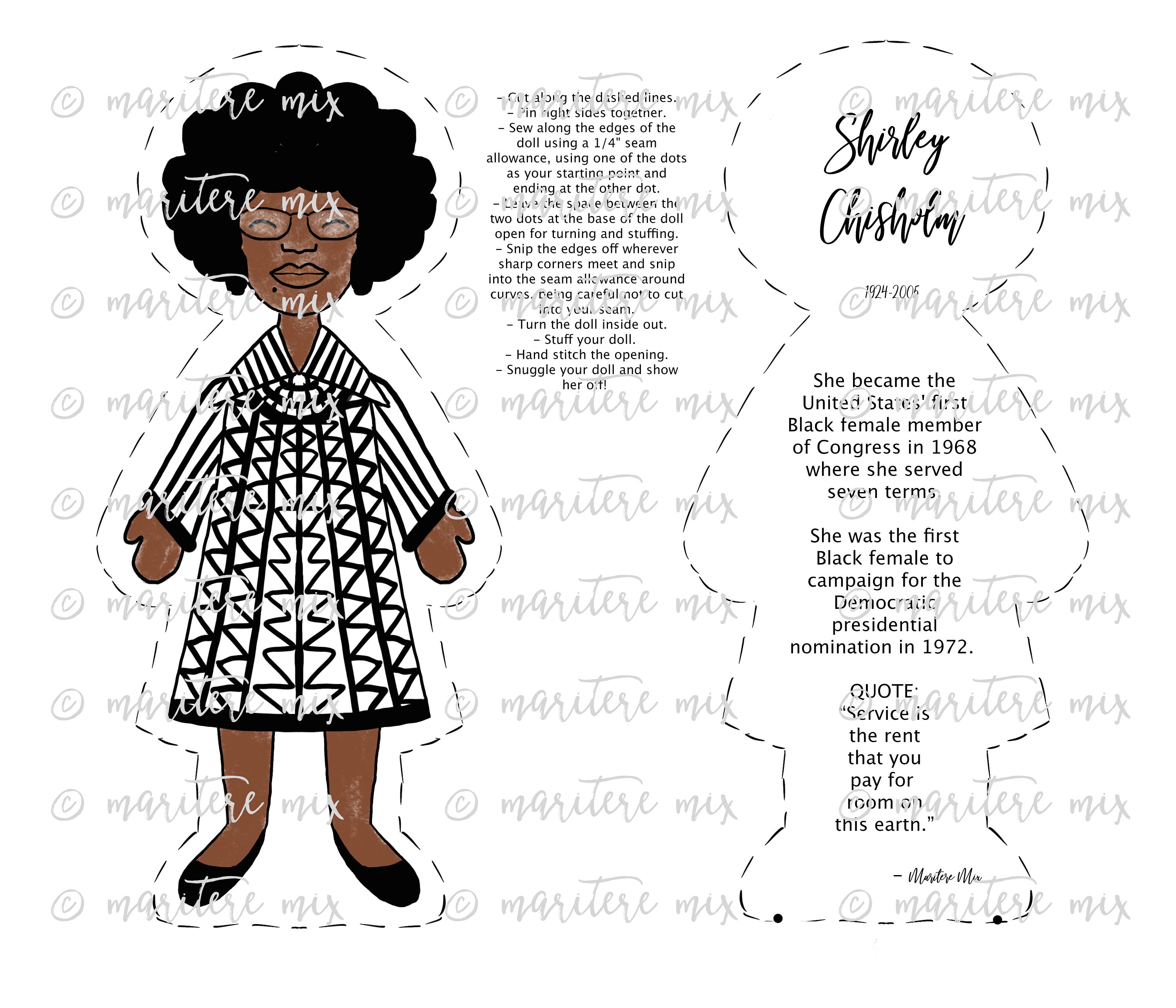 Cut and Sew Fabric Panel, SHIRLEY CHISHOLM Sew Your Own Doll, Kids