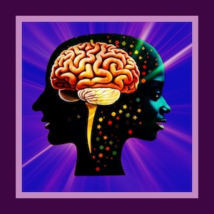 May include: A silhouette of a person's head with a colorful brain inside. The brain is surrounded by stars and other colorful shapes. The background is a vibrant purple with radiating light.