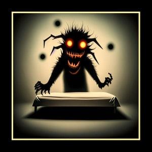 May include: A shadowy monster with glowing red eyes and a wide, toothy grin appears to be lurking over a white bed.