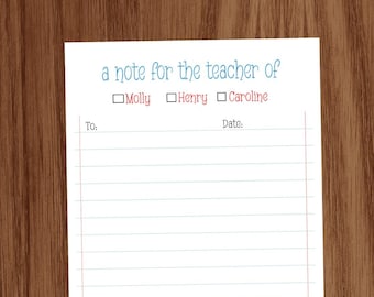 May include: A white note paper with blue and red lines. The text "a note for the teacher of" is at the top of the page. There are three checkboxes below the text, labeled "Molly", "Henry", and "Caroline". The text "To:" and "Date:" are below the checkboxes. The text "Parent Signature:" is at the bottom of the page, followed by the name "Monica Stewart", an email address, and a phone number.