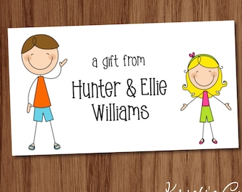 Tarjetas de visita infantiles, etiquetas de regalo, pegatinas / Sobres de regalo personalizados con figuras de palitos / Un regalo de papelería