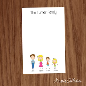 May include: A white card with the text "The Turner Family" at the top.  Below the text are stick figure drawings of a family of four: Jim, Abbie, Mark, and Emma.  The card has the text "Kristi's Collection" at the bottom.