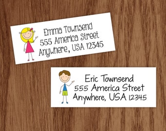 Kids Return Address Labels - Stick Figure Mailing Shipping Stickers for Boys and Girls