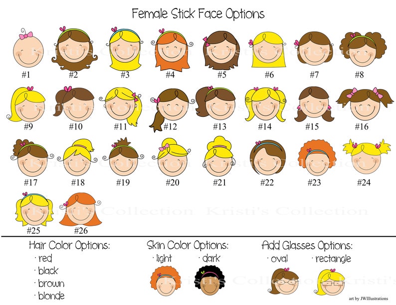 May include: A chart with 26 different stick figure face options for female characters. The options include different hairstyles, hair colors, skin tones, and glasses styles. The chart is labeled "Female Stick Face Options".
