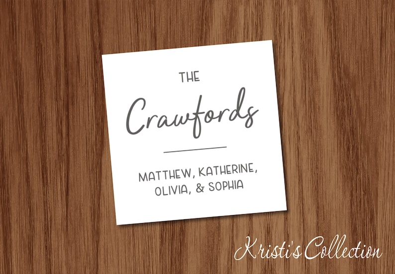 May include: A white card with the text "The Crawfords" in a handwritten font, with the names Matthew, Katherine, Olivia, & Sophia below. The card is on a wooden surface. The text "Kristi's Collection" is in the bottom right corner.