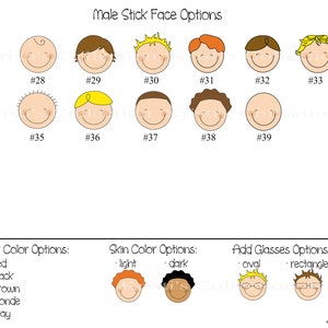 May include: A chart with stick figure face options for male characters. The chart includes 12 different face options with various hair colors, skin tones, and glasses options. The chart also includes text labels for hair color options, skin color options, and add glasses options.