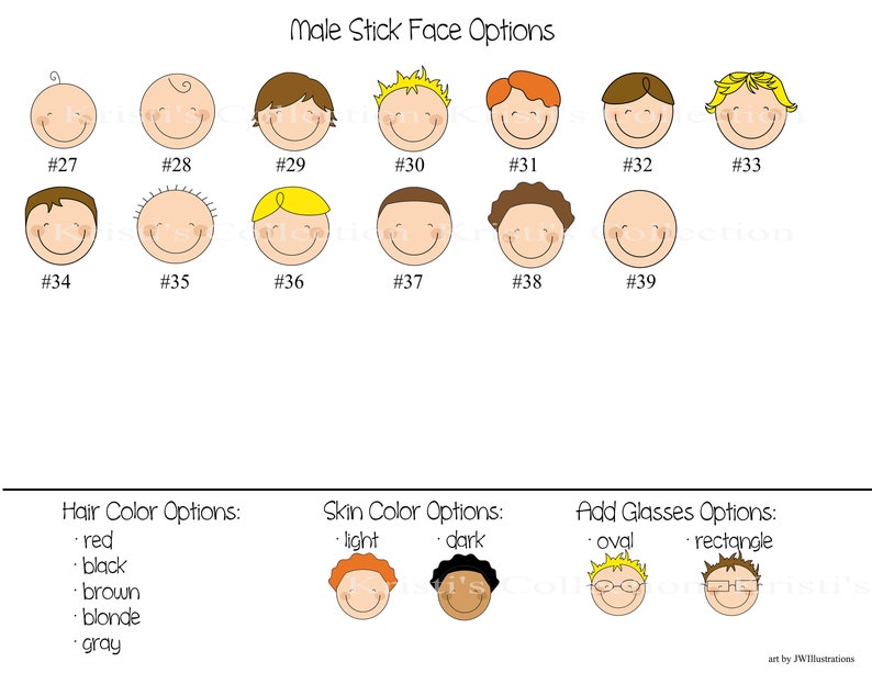 May include: A chart with stick figure face options for male characters. The chart includes 12 different face options with various hair colors, skin tones, and glasses options. The chart also includes text labels for hair color options, skin color options, and add glasses options.
