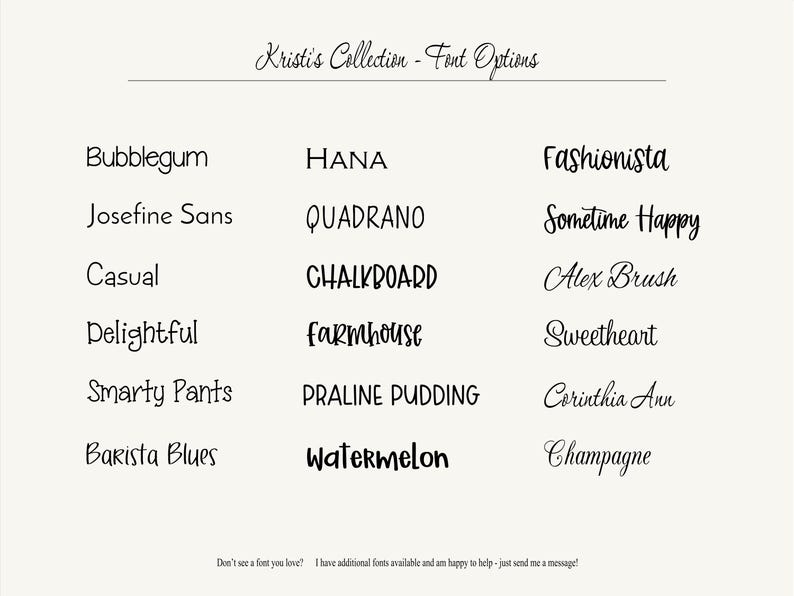 May include: A font selection chart titled Kristi's Collection - Font Options, displaying fifteen distinct black typeface styles in three columns. The list includes Bubblegum, Josefine Sans, Casual, Delightful, Smarty Pants, Barista Blues, HANA, QUADRANO, CHALKBOARD, farmhouse, PRALINE PUDDING, watermelon, Fashionista, Sometime Happy, Alex Brush, Sweetheart, Corinthia Ann, and Champagne.
