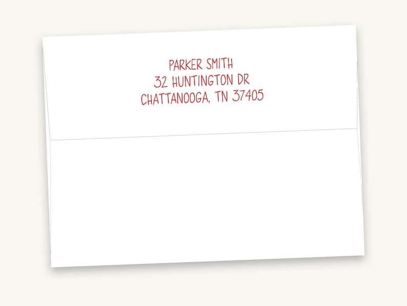 May include: A white rectangular envelope featuring red printed text on the back flap. The text reads: PARKER SMITH, 32 HUNTINGTON DR, CHATTANOOGA, TN 37405. The envelope is closed with a horizontal flap across the upper portion of the paper surface.