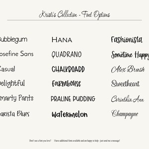 May include: A font selection chart titled Kristi's Collection - Font Options, displaying fifteen distinct black typeface styles in three columns. The list includes Bubblegum, Josefine Sans, Casual, Delightful, Smarty Pants, Barista Blues, HANA, QUADRANO, CHALKBOARD, farmhouse, PRALINE PUDDING, watermelon, Fashionista, Sometime Happy, Alex Brush, Sweetheart, Corinthia Ann, and Champagne.
