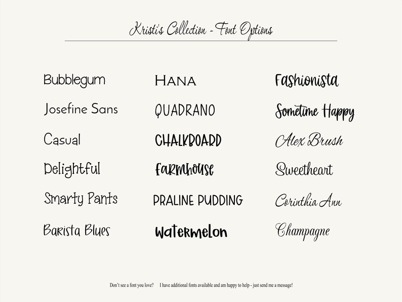 May include: A font selection chart titled Kristi's Collection - Font Options, displaying fifteen distinct black typeface styles in three columns. The list includes Bubblegum, Josefine Sans, Casual, Delightful, Smarty Pants, Barista Blues, HANA, QUADRANO, CHALKBOARD, farmhouse, PRALINE PUDDING, watermelon, Fashionista, Sometime Happy, Alex Brush, Sweetheart, Corinthia Ann, and Champagne.