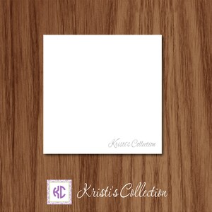 May include: A white square card with the text "Kristi's Collection" in a light script font. The card is set against a brown wood grain background. A logo with the initials "KC" is in the lower left corner.