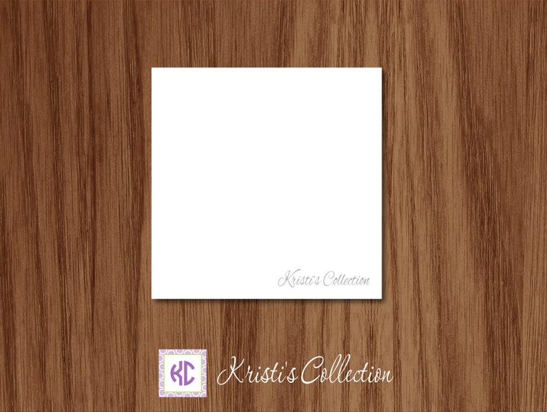 May include: A white square card with the text "Kristi's Collection" in a light script font. The card is set against a brown wood grain background. A logo with the initials "KC" is in the lower left corner.