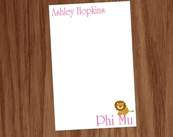 Bloc de notas Phi Mu Lion / Regalos personalizados de papelería griega para estudiantes universitarias y exalumnas / Bloc de notas personalizado