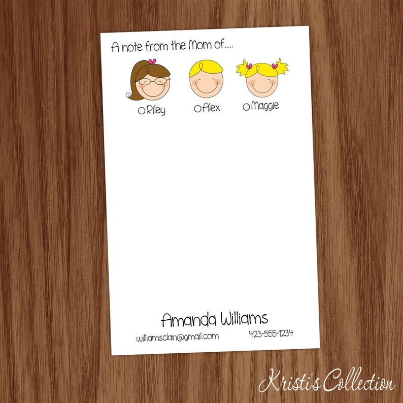 May include: A white note card with a note from the mom of Riley, Alex, and Maggie. The card has a black and white illustration of each child. The card also includes the name Amanda Williams, an email address, and a phone number.