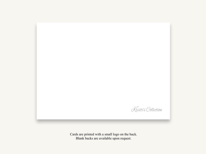 May include: A rectangular white card featuring the text Kristi's Collection in a grey script font located in the bottom right corner. Below the card, the text reads: Cards are printed with a small logo on the back. Blank backs are available upon request.