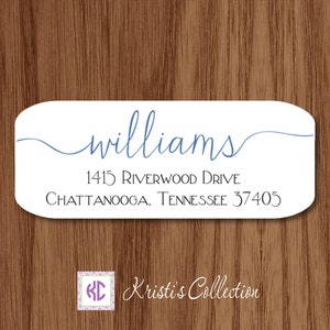 May include: White return address label with a blue cursive font that reads "williams" followed by the address "1415 Riverwood Drive Chattanooga, Tennessee 37405".