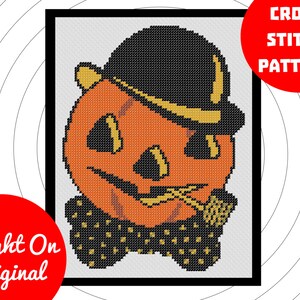 May include: Cross stitch pattern of a pumpkin wearing a black top hat and a bow tie. The pumpkin has a friendly face with a small smile and a pipe in its mouth.