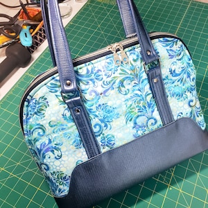 Handmade blue faux leather bowler bag purse