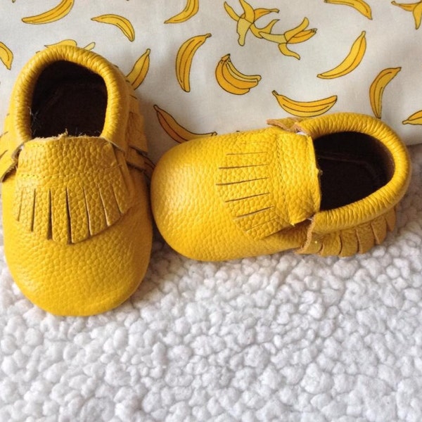 Mustard yellow Leather fringe Moccasins shoes, Baby Gift