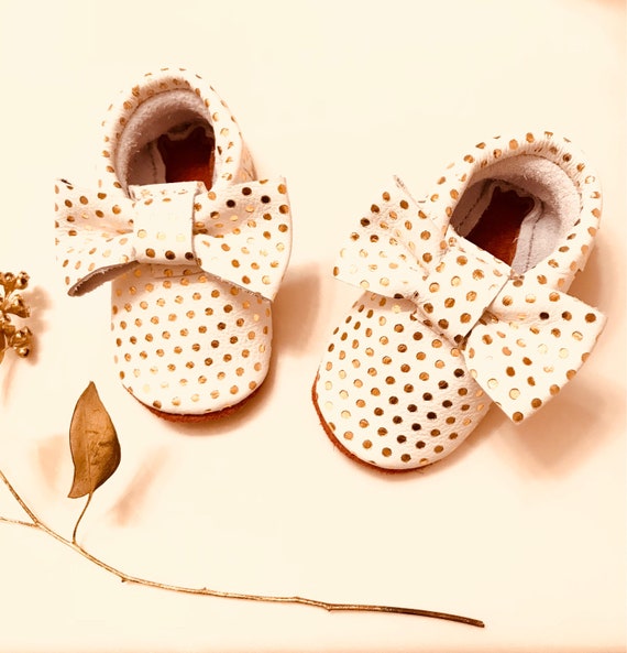 Baby Moccasins, Confetti Baby Moccasins, Gold Polka Dots Baby