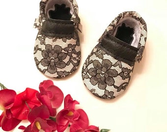 Baby Moccasins, Lace Baby Moccasins, Lace Baby shoes, Black Lace shoes